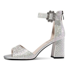 Peeptoe Gesp Formele Luxe Met Enkelbandje 7 cm Heels Glitter Met Steentjes Vierkante Neus Mode Parel Sandaaltjes Mooie Bruidsschoenen Sparkle Blokhak