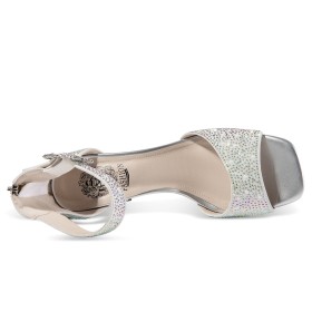 Peeptoe Gesp Formele Luxe Met Enkelbandje 7 cm Heels Glitter Met Steentjes Vierkante Neus Mode Parel Sandaaltjes Mooie Bruidsschoenen Sparkle Blokhak