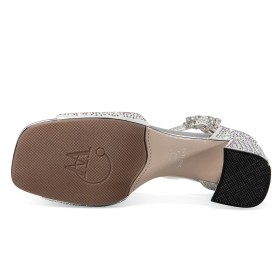 Peeptoe Gesp Formele Luxe Met Enkelbandje 7 cm Heels Glitter Met Steentjes Vierkante Neus Mode Parel Sandaaltjes Mooie Bruidsschoenen Sparkle Blokhak