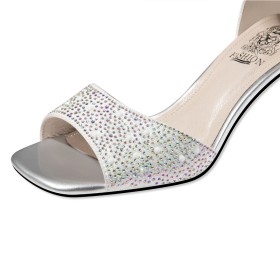 Peeptoe Gesp Formele Luxe Met Enkelbandje 7 cm Heels Glitter Met Steentjes Vierkante Neus Mode Parel Sandaaltjes Mooie Bruidsschoenen Sparkle Blokhak