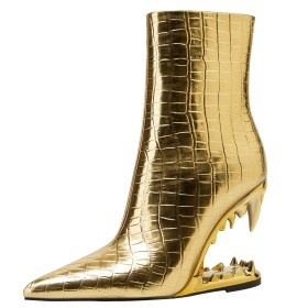 4 inch High Heel Sparkly Embossed Snake Printed Gold Patent Ankle Boots