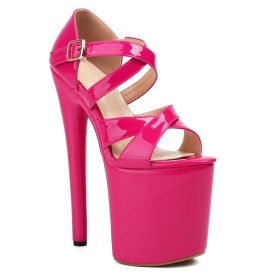 Sandals Hot Pink Faux Leather Belt Buckle Patent Leather Pole Dancing Shoes Sexy Extreme High Heel Stilettos Peep Toe