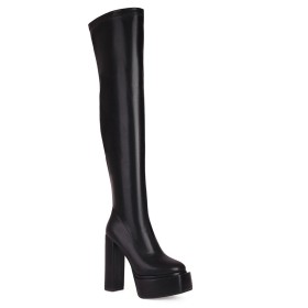 Platform Block Heels Thigh High Boot Casual High Heel Grained Faux Leather Square Toe Going Out Shoes Tall Boot PU Classic Chunky