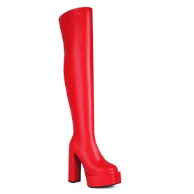 Over Knee Boots For Women 6 inch High Heel Platform Classic Block Heel Red Going Out Footwear Square Toe Faux Leather Grained Thick Heel Tall Boots