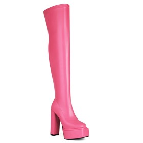 Kunstleder Karree Spitze Plateau 15 cm High Heels Stiefel Damen Overknee Blockabsatz Pinke Klassisch Hohe Stiefel