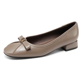 Closed Toe Natural Leather Loafers Comfortable Classic Business Casual Beige With Bow Low Heeled Block Heels