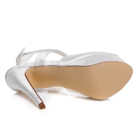 Elegante Spuntate Plateau Con Tacco Alto Sandalo Scarpe Da Sposa Raso Scarpe Cerimonia Tacco A Spillo Bianco