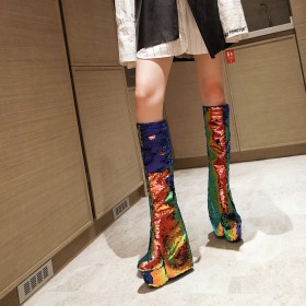 Glitter Gradient Sparkly Knee High Boots Gold Over 6 inch High Heel Modern Platform