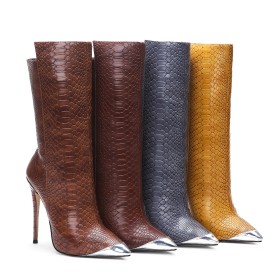 Stiletto Mid Calf Boot Embossed Brown Crocodile Printed 12 cm High Heel Pointed Toe 2022 Classic