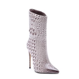 Fur Lined Patent Stilettos Embossed Crocodile Printed Boots Beige High Heel Closed Toe