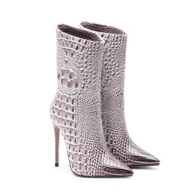 Fur Lined Patent Stilettos Embossed Crocodile Printed Boots Beige High Heel Closed Toe