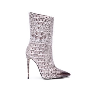 Fur Lined Patent Stilettos Embossed Crocodile Printed Boots Beige High Heel Closed Toe