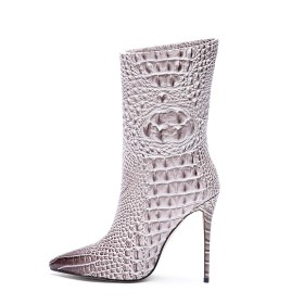 Fur Lined Patent Stilettos Embossed Crocodile Printed Boots Beige High Heel Closed Toe