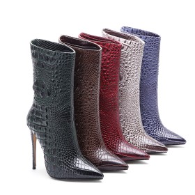 Fur Lined Patent Stilettos Embossed Crocodile Printed Boots Beige High Heel Closed Toe