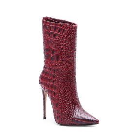 Mid Calf Boots Crocodile Print Patent Burgundy Stylish 4 inch High Heeled Pointed Toe Embossed Fur Lined Faux Leather