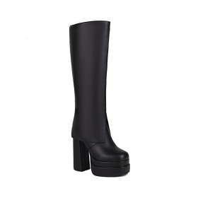 Fourrées A Talon Haut 14 cm Knee Boots Moderne Plateforme Talons Epais Talon Carré Bottes Hautes Femme