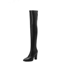 Fur Lined Pointed Toe Chunky Classic 4 inch High Heeled Thigh High Boots For Women Block Heels Sock Boots Sexy Full Grain