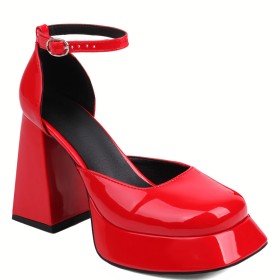 Platform With Ankle Strap Pumps High Heel Summer Square Toe Business Casual Shoes Chunky Heel Block Heels
