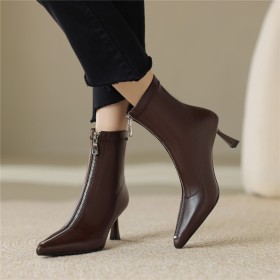 Classic Ankle Boots For Women Pointed Toe Sock Faux Leather Mid Heel Elegant Casual Fur Lined
