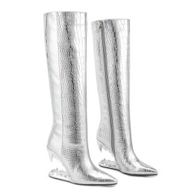 Habillé Talon 10 cm Vernis Fourrees Serpent Brillante Moderne Talon Spécial Bottes Haute Femme Bottes Genoux Simili Cuir