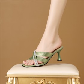 Sandalen Damen 7 cm Mittlerer Absatz Peeptoes Geprägt Mit Strasssteine Elegante Stilettos