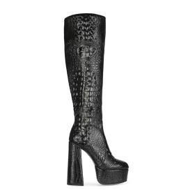 Block Heel Embossed Patent Leather Chunky Heel Classic Fur Lined Crocodile Printed Platform Vintage Knee High Boots 15 cm High Heel Riding Boot Black Going Out Footwear