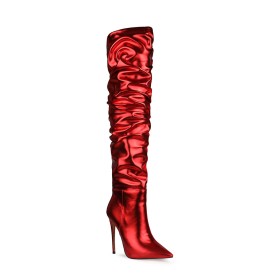 キラキラ デート ファー メタリック ピンヒール ニーハイ ブーツ ロング ブーツ 赤い ファッション ハイヒール カジュアル 2421151171F