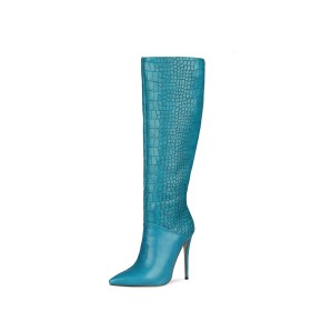 Crocodile Printed Classic Stiletto Heels Knee High Boots Pointed Toe Tall Boot Turquoise Riding Boot Faux Leather 12 cm High Heel