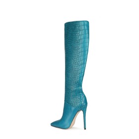 Crocodile Printed Classic Stiletto Heels Knee High Boots Pointed Toe Tall Boot Turquoise Riding Boot Faux Leather 12 cm High Heel