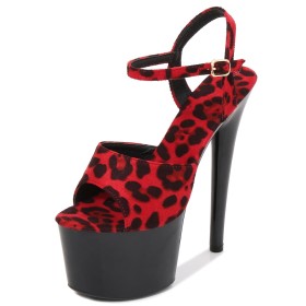 Sexy Open Toe Classic With Ankle Strap Leopard Print Red Suede Extreme High Heels Platform Pole Dance Shoes Sandals