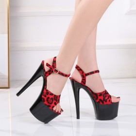Sexy Open Toe Classic With Ankle Strap Leopard Print Red Suede Extreme High Heels Platform Pole Dance Shoes Sandals