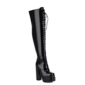 Thigh High Boot For Women Block Heels Classic Vintage 15 cm High Heel Lace Up Faux Leather