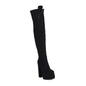 Over Knee Boots Suede Fur Lined Block Heels Tall Boot Platform Faux Leather Black 6 inch High Heel Chunky