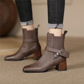 Chunky Heel Classic Block Heels Ankle Boots For Women Mid Heel Vintage Fur Lined Comfortable Grained Chelsea Casual