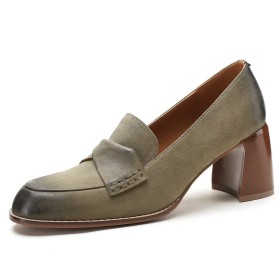 Leather Vintage Business Casual Shoes Olive Green Classic Round Toe Block Heels Elegant Slip On Shoes Chunky Nubuck Mid Heel Womens Footwear