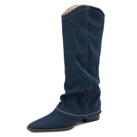 Flat Shoes Vintage Casual Pointed Toe Jeans Fold Over Cowboy Fur Lined Slouch Mid Calf Boot For Women