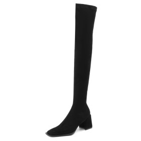 Modern Classic 2023 Square Toe Fur Lined Going Out Footwear Block Heels Faux Leather Sock Boots Tall Boots Thigh High Boots Thick Heel 7 cm Heel