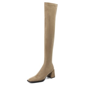 7 cm Heeled Stretchy Chunky Sock Beige Winter Tall Boot Classic Over Knee Boots Square Toe Block Heel