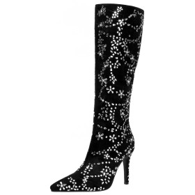 Tacchi A Spillo Ecopelle Moda Neri Con Strass Scarpe Da Cerimonia Luccicante 10 cm Tacco Alto Stivali Alti