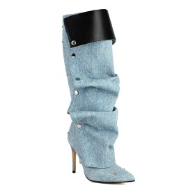 Casual Moderne Talon 10 cm Bout Pointu Denim Plissées Tombantes Talon Aiguille Bottes Hautes Femme Habillées Cloutée Fermeture Éclair