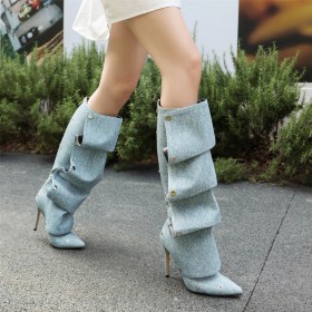 Casual Slouch Stiletto Heels Stylish Denim Knee High Boot 10 cm High Heels Going Out Footwear Tall Boots