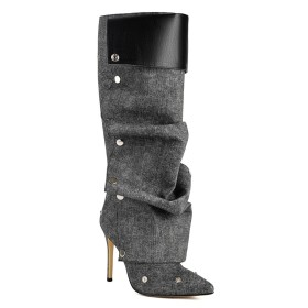 Knee High Boot Tall Boots Fur Lined Pointed Toe Denim Fashion 2024 Studded Stilettos Slouch 10 cm High Heels