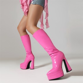 Classic 6 inch High Heel Platform Patent Block Heels Tall Boot Going Out Footwear Knee High Boots For Women Chunky Heel