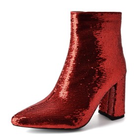 Röda Block Klack Finskor Ankelstövlar Dam Glittriga Mode Glitter Festskor 2025 Höga Klackar