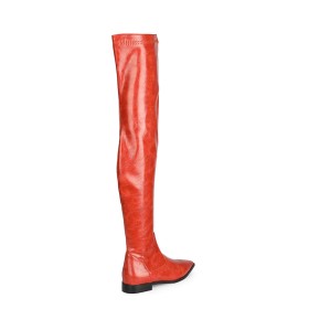 Botte Cuissarde Classique Plate Rouge Habillé Bottes Haute Stretch En Relief