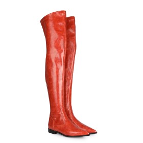 Botte Cuissarde Classique Plate Rouge Habillé Bottes Haute Stretch En Relief