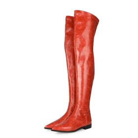 Stretchy Tall Boots Embossed Thigh High Boot Red Classic Faux Leather