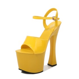 Sandals Platform Faux Leather Yellow Chunky Heel Ankle Strap Going Out Footwear Patent Peep Toe