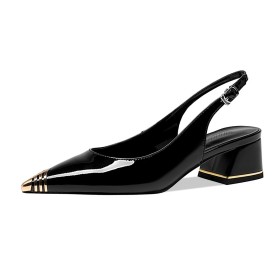 Leather Pumps Slingback Elegant Chunky Heel Black Low Heels Comfort Pointed Toe Business Casual Dress Shoes Block Heel