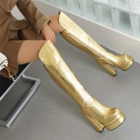 6 inch High Heel Stylish Fur Lined Knee High Boot For Women Faux Leather Patent Leather Block Heel Thick Heel Tall Boot